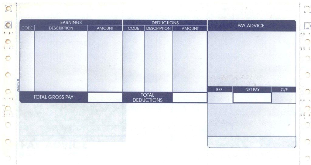 Blank classic pay advice showing earnings, deductions and net pay